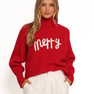 Red Turtleneck Sweater with 'Merry' Design